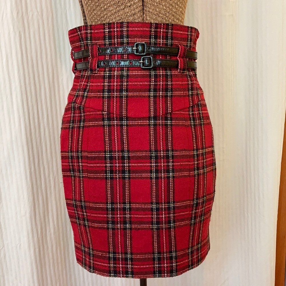 Betsey Johnson Red Plaid Belted Pencil Skirt